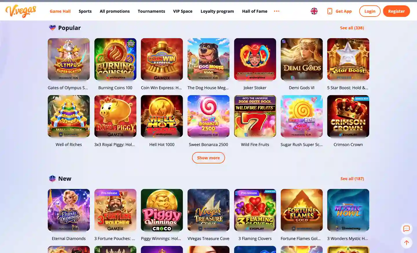 Spiellobby im V.Vegas Casino